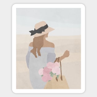 Girl with flowers, Hat, Boho style art, Mid century art Sticker